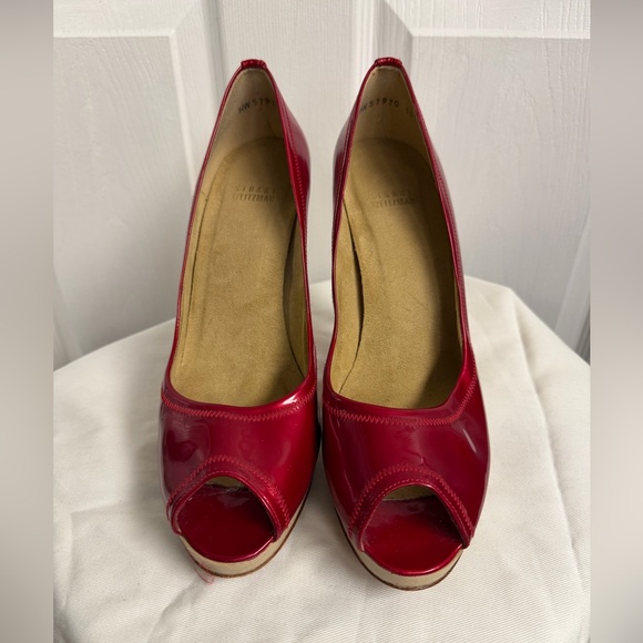 Stuart Weitzman Red Patent Peep-Toe Heels - Picture 2 of 8